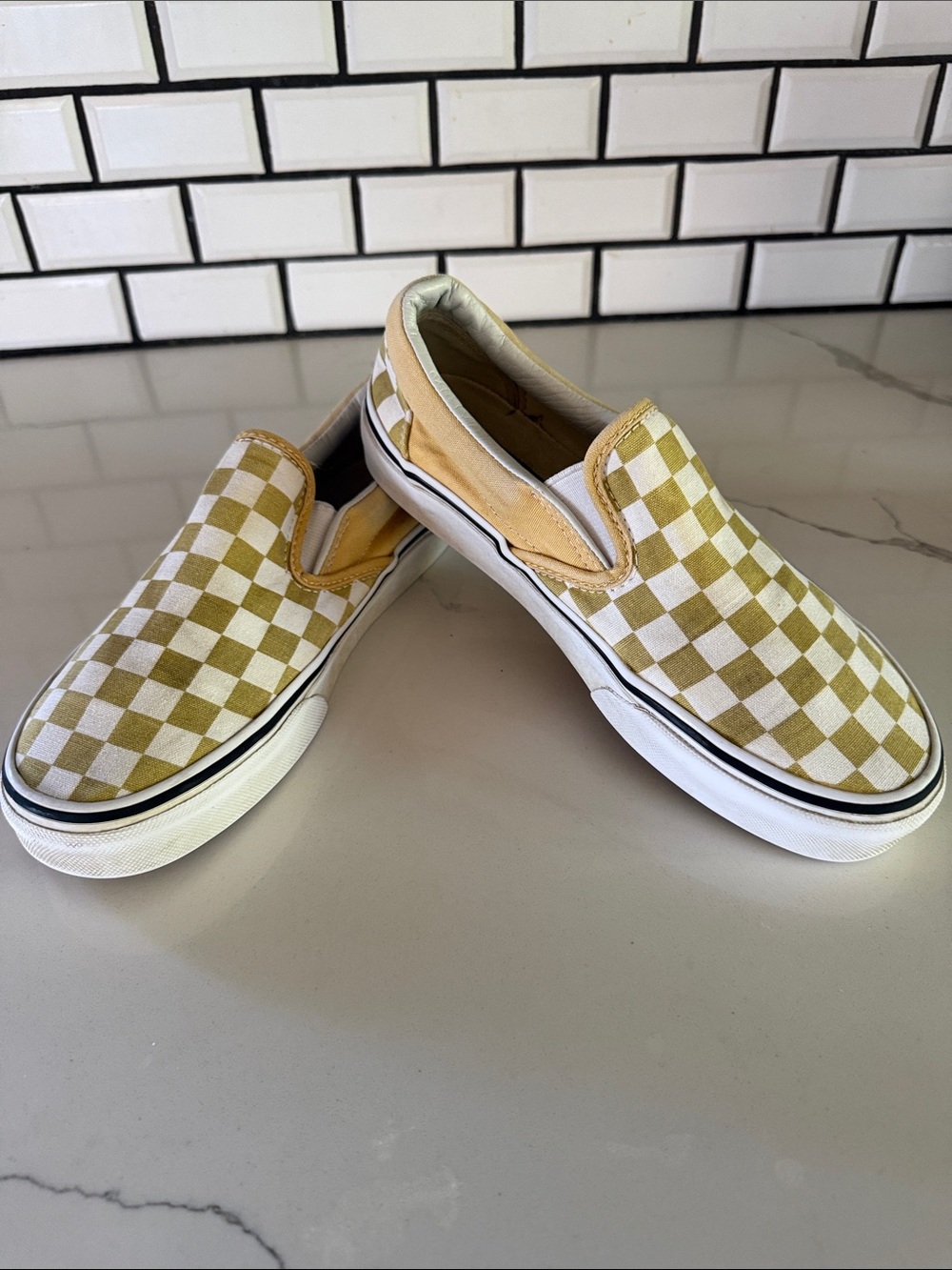 Vans Women's Classic Checkerboard Slip-On Sneakers in Gold/White M 4.5/W 6 - Picture 1 of 8